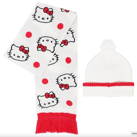 Sanrio Hello Kitty Pattern Scarf and 3D Bow Beanie Set - Picture 2 of 8